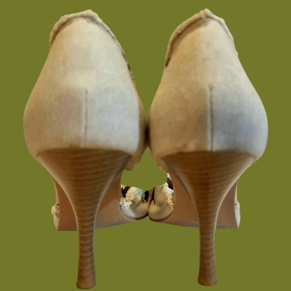 CUTE PAIR SPLASH TAN HIGH HEEL SHOES W/BROWN SUEDE & RHINESTONE BUCKLES SZ. 8.5 - Picture 7 of 8